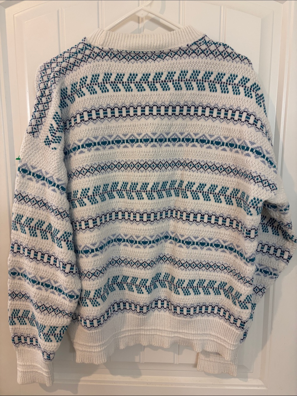 Vintage Men's Cream Crewneck Sweater with Teal Pattern Fair Isle - Picture 4 of 4